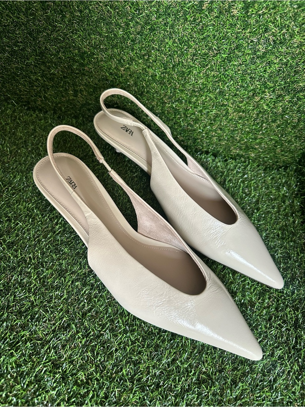 Zara Ivory Leather Pointed Toe Kitten Heel Slingback Pumps Size 8